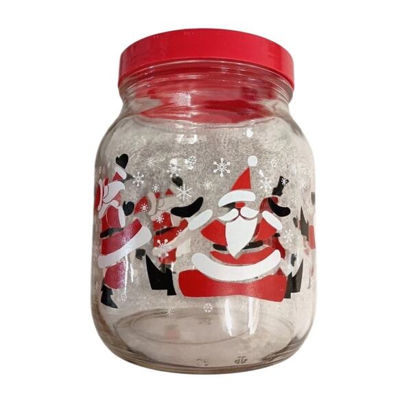 Vintage Christmas Santa Glass Jar Red Lid Holiday Candy Cookie Kitchen Decor - Picture 4 of 8